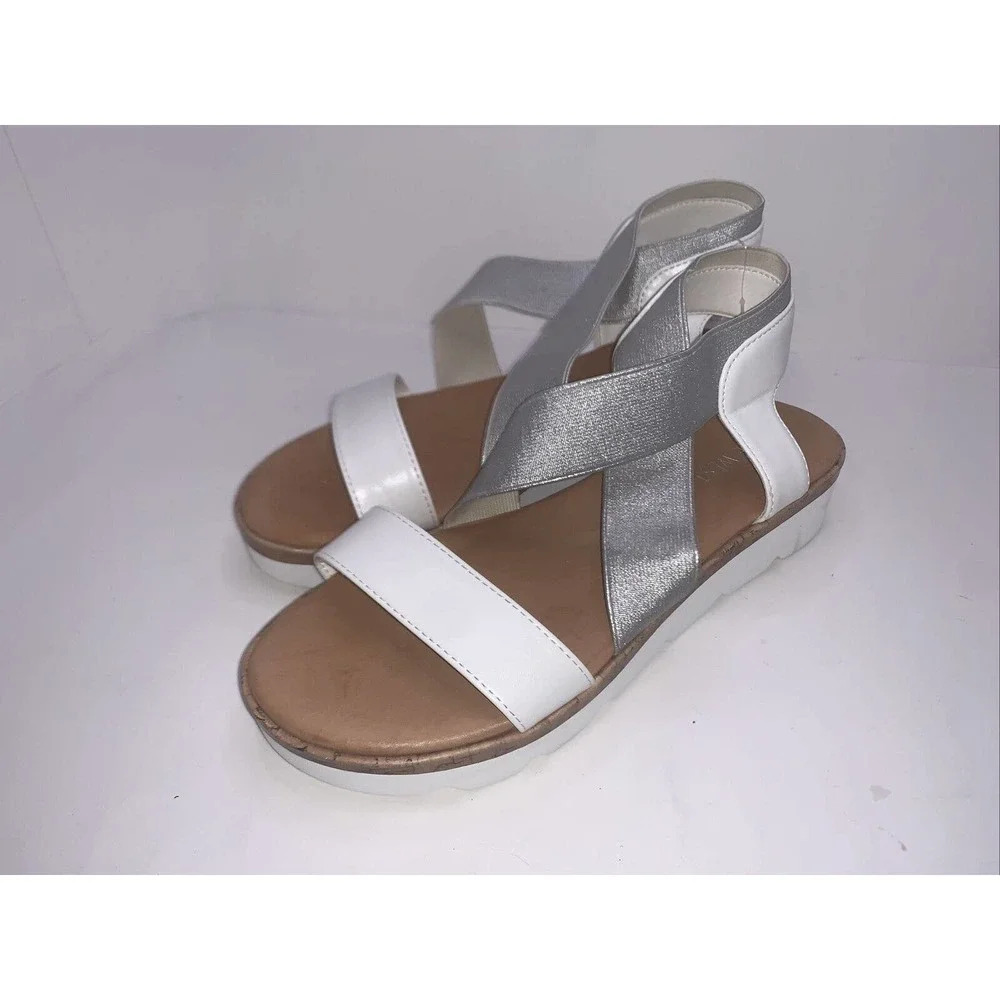 Nine West “Beth” white metallic gray Strappy Platform Wedge Sandal ~ Size 6.5 - Picture 1 of 4